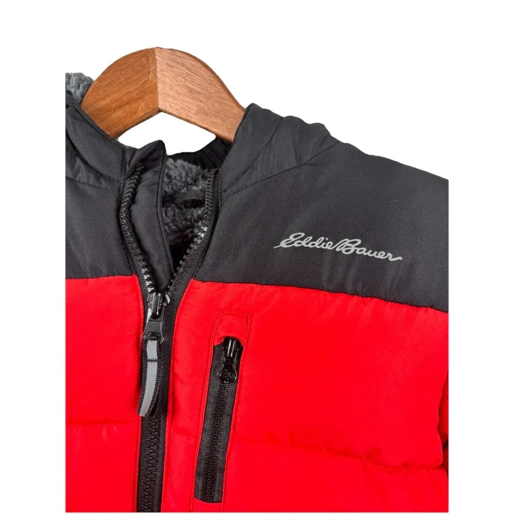 Eddie Bauer Puffer Coat Jacket Kids 3T Red Black Hooded Sherpa Lined